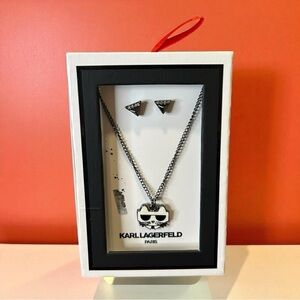 Karl Lagerfeld Black and Silver Cat Necklace Set